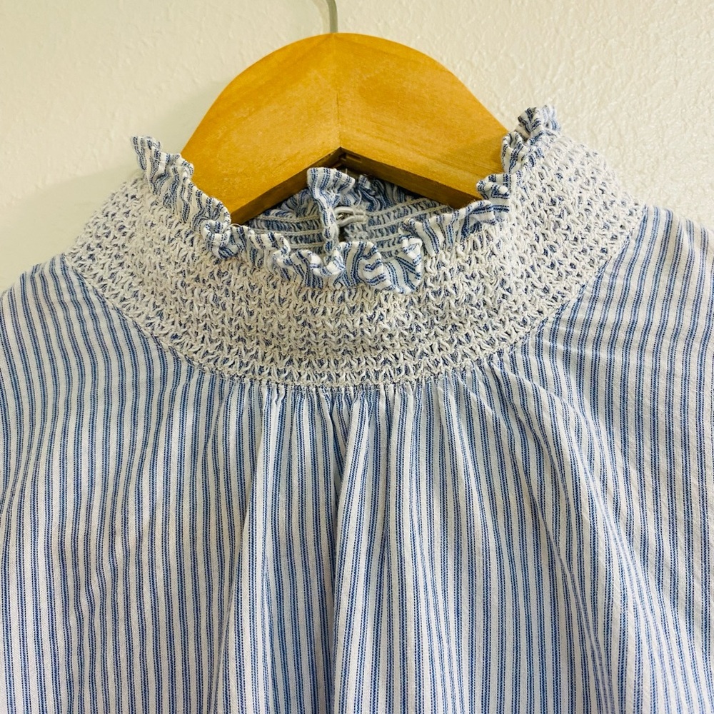 Sezane Blue and White Pinstripe Smocked Neck Blouse - Picture 7 of 9